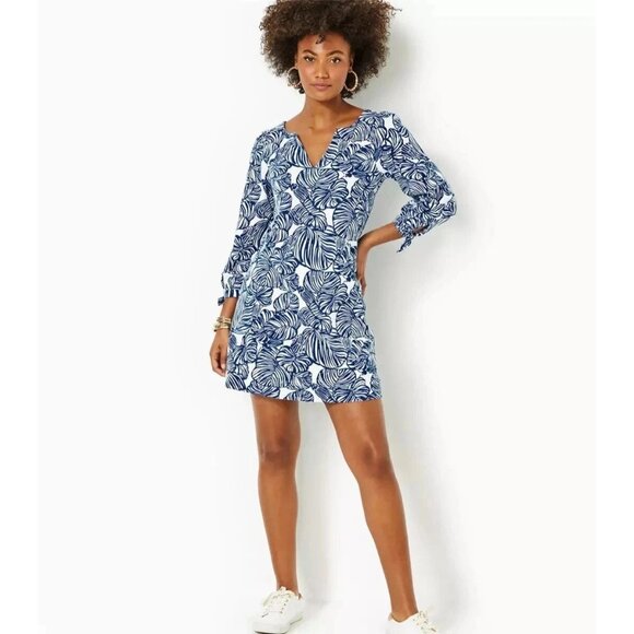 Lilly Pulitzer Cath Tunic Mini Dress Printed Cotton Beach Resort Navy XS 282308